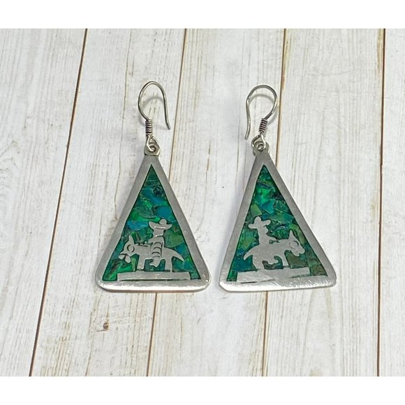 Taxco Mexico 925 Earrings Turquoise Inlay Man Riding Donkey Artist JGC - Picture 2 of 7